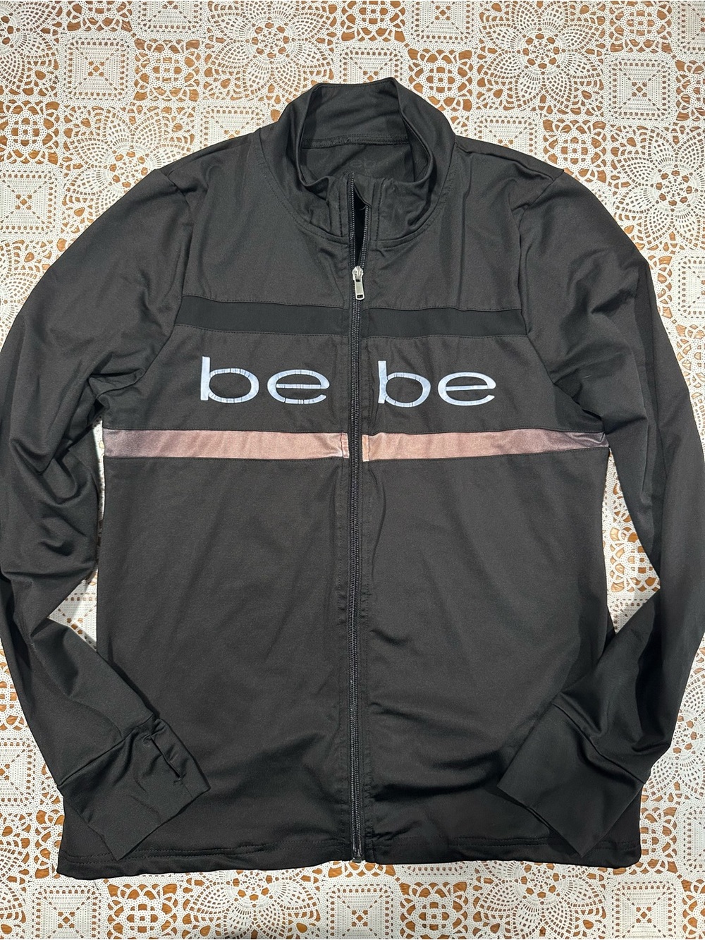 Bebe Black Track Jacket Medium Full Zip Thumb Holes Logo Stripe Y2K